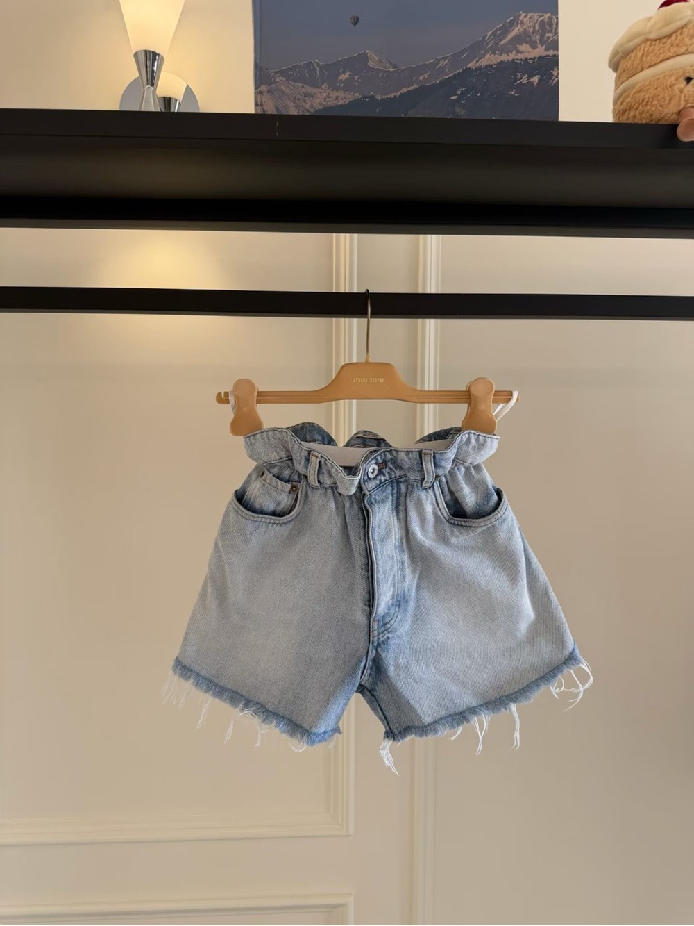 Miu Miu Light Blue Paperbag Waist Denim Shorts